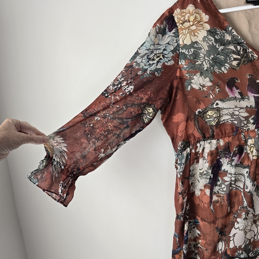Hemant & Nandita Zeri Tiered Floral Bird Print Peasant Dress 8 Ruffle Sleeves - Picture 5 of 14